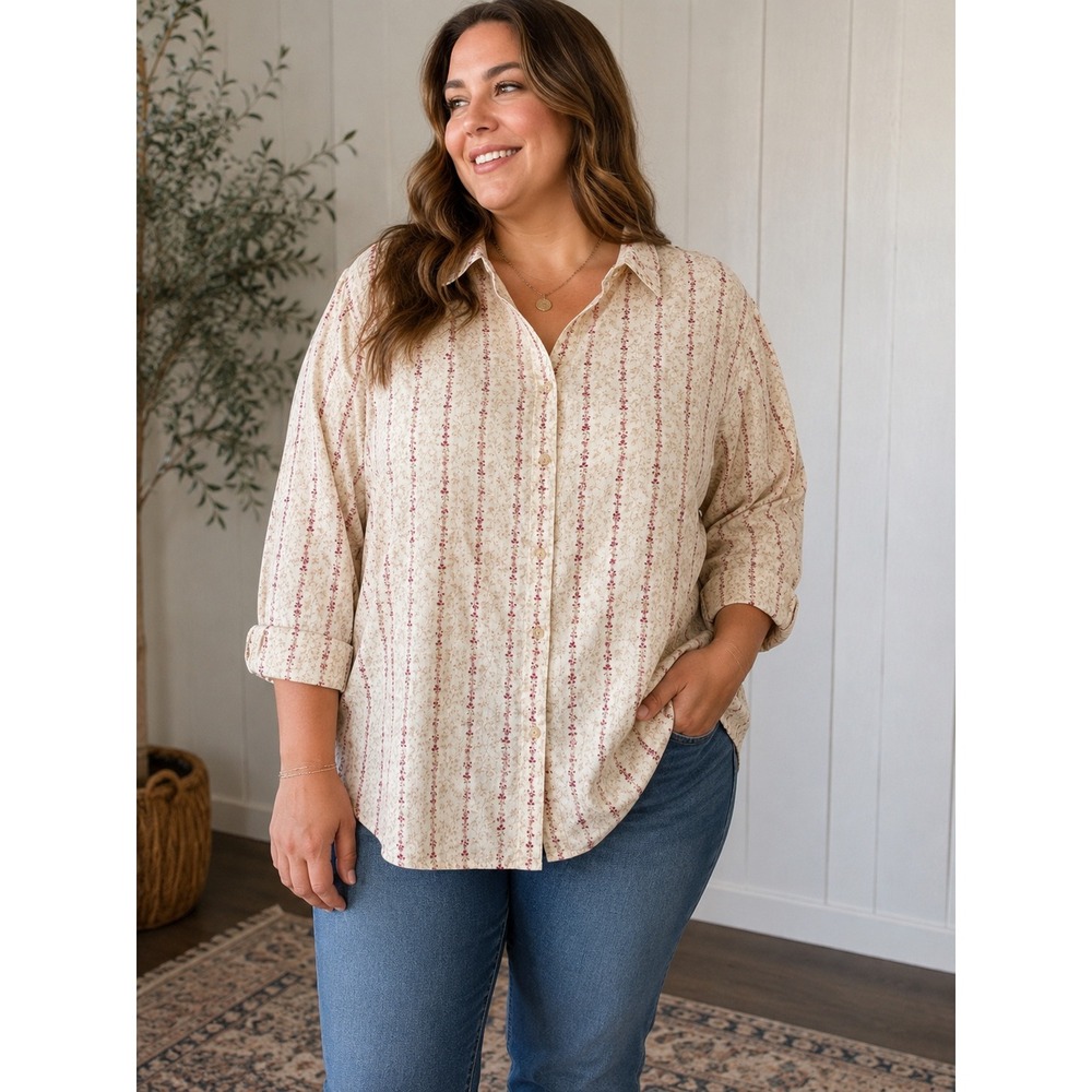 Vintage Floral Button Front Shirt XXL Cottagecore Cream Pink 100% Cotton